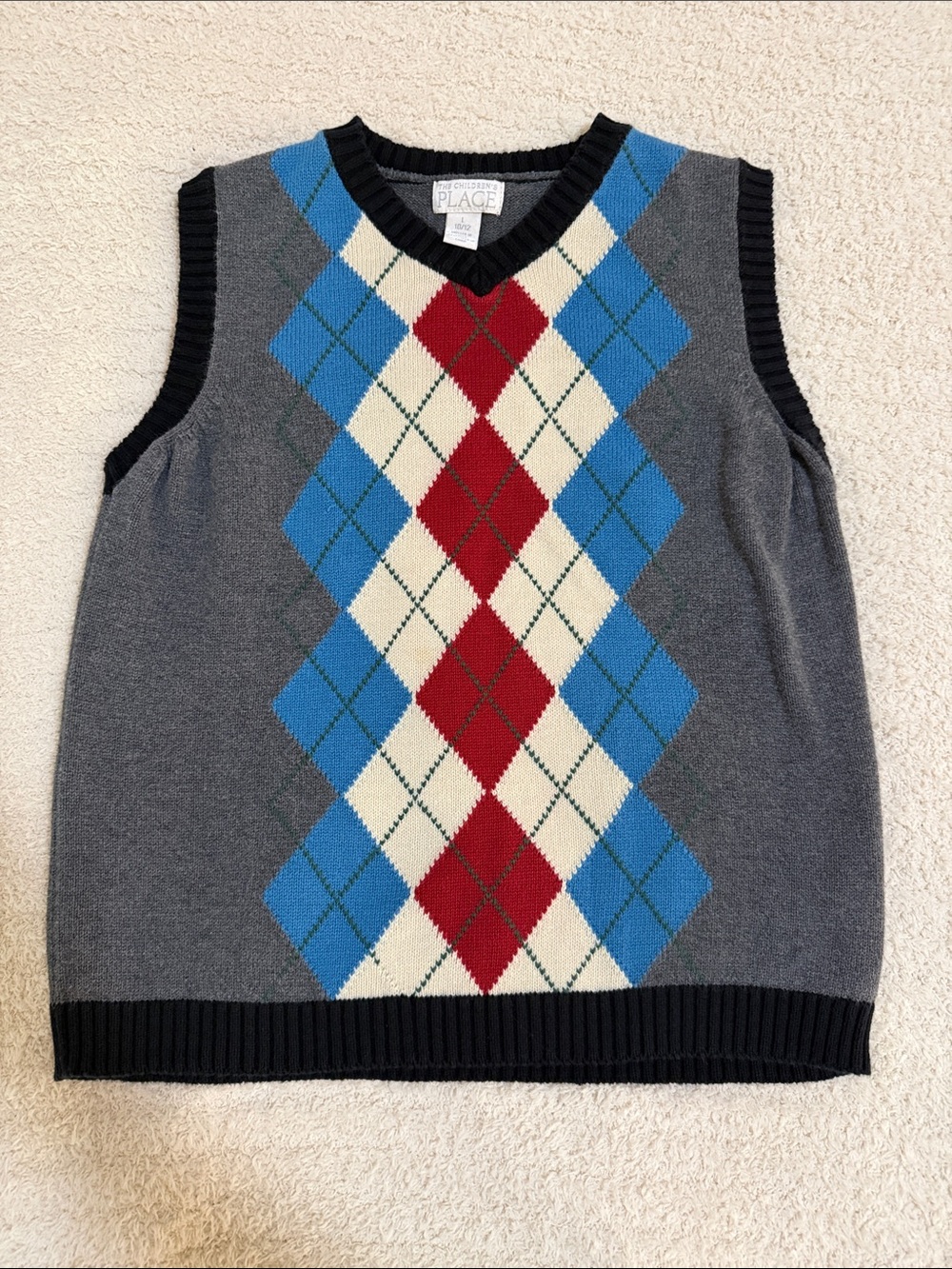 The Children's Place Gray Argyle V-Neck Sweater Vest with Blue, Red, Cream